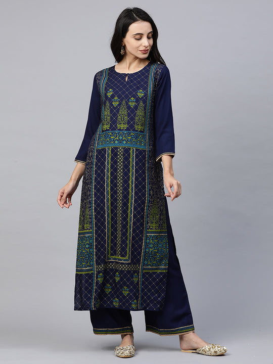 Indo Era Blue Foil Printed Straight Kurtas