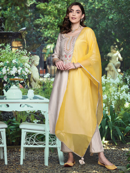 Indo Era Off White Yoke Design Liva Kurta with Trousers & With Dupatta