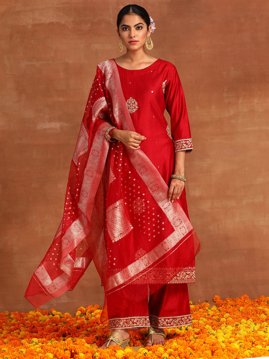 Indo Era Red Floral Embroidered Straight Kurta Palazzo Dupatta Set