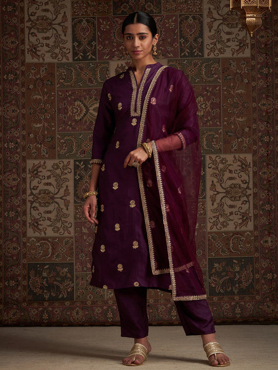 Indo Era Purple Embroidered Straight Kurta Trouser With Dupatta Set