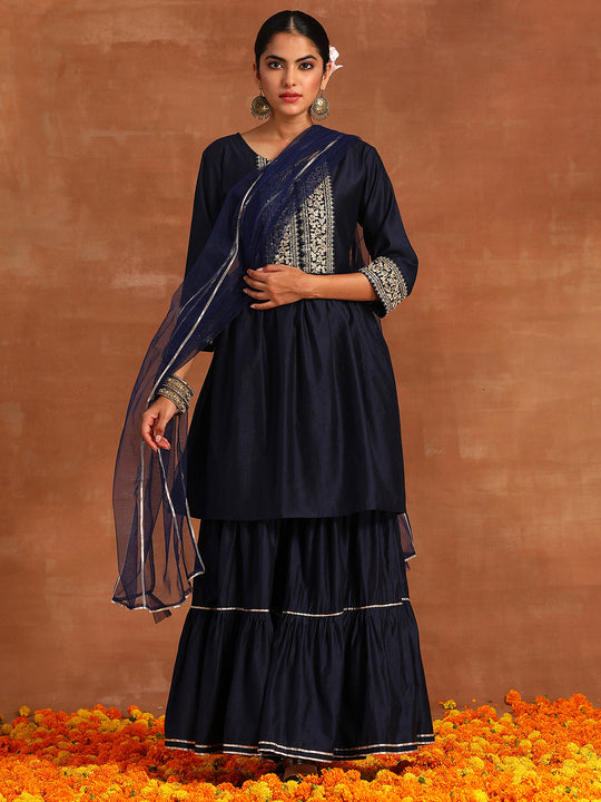 Indo Era Navy Blue Embroidered A-line Kurta Sharara With Dupatta Set
