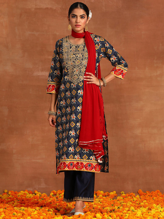 Indo Era Navy Blue Embroidered Straight Kurta Palazzo With Dupatta Set