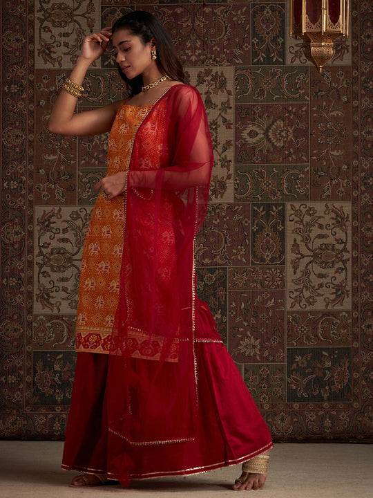 Indo Era Orange Printed Straight Kurta Sharara With Dupatta Set