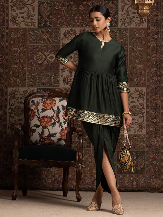 Indo Era Green Solid Aline Kurta With Dhoti Set