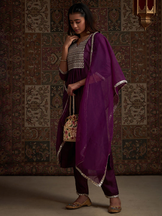 Indo Era Purple Solid Straight Kurta Trouser With Dupatta Set