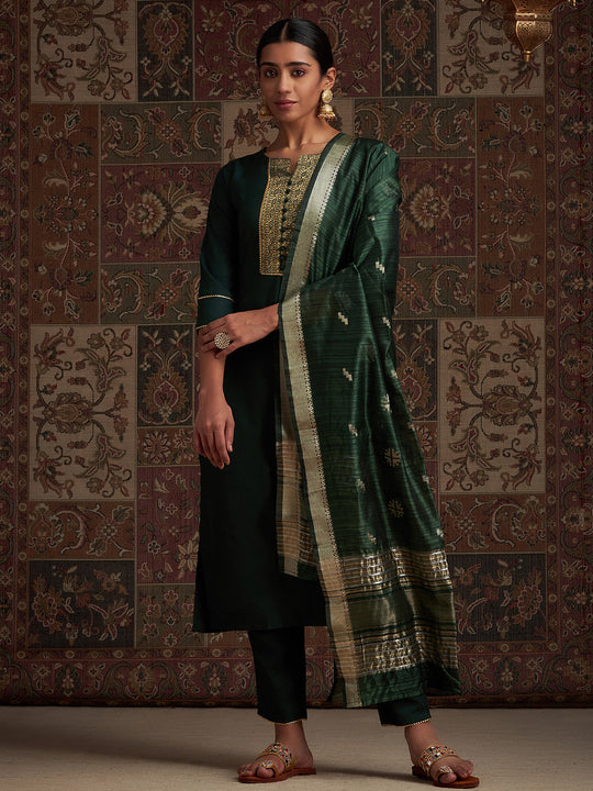 Indo Era Green Woven Design Straight Kurta Palazzos With Dupatta Set