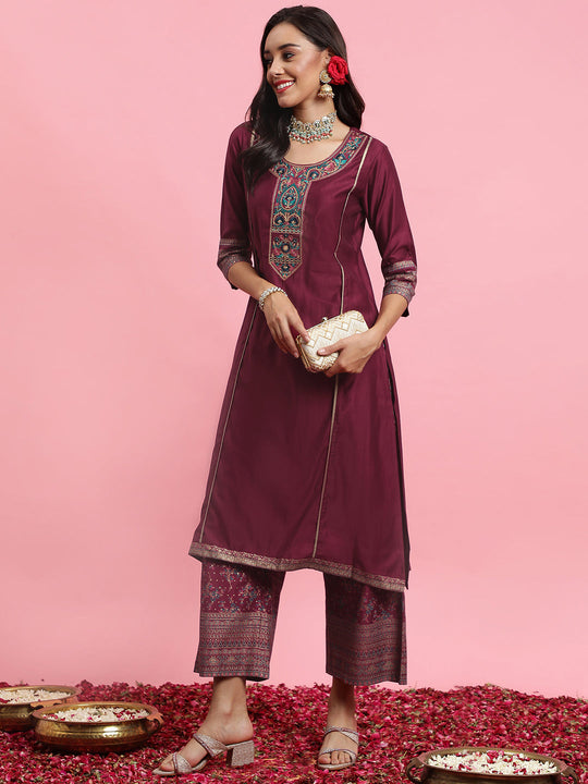 Indo Era Liva Magenta Embroidered Straight Kurta Palazzos Set