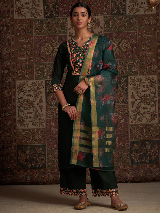 Indo Era Green Embroidered Straight Kurta Palazzos With Dupatta Set