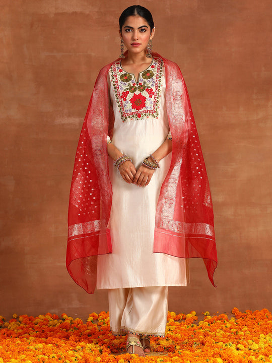 Indo Era Off White Embroidered Straight Kurta Palazzos With Dupatta Set