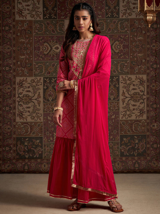 Indo Era Pink Printed Straight Kurta Sharara With Dupatta Set