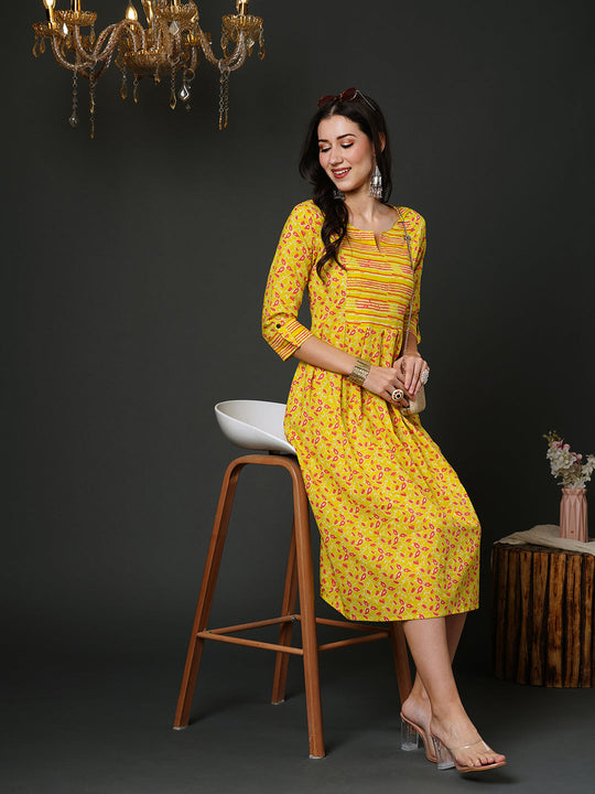Indo Era Yellow A-Line Printed Dress