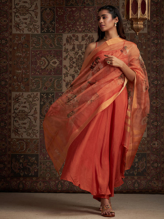 Indo Era Orange Solid A-Line Ethnic Kurta Palazzos With Dupatta Set