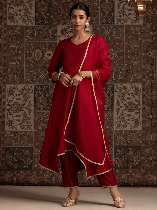Indo Era Red Solid A-Line Kurta Trousers With Dupatta Set