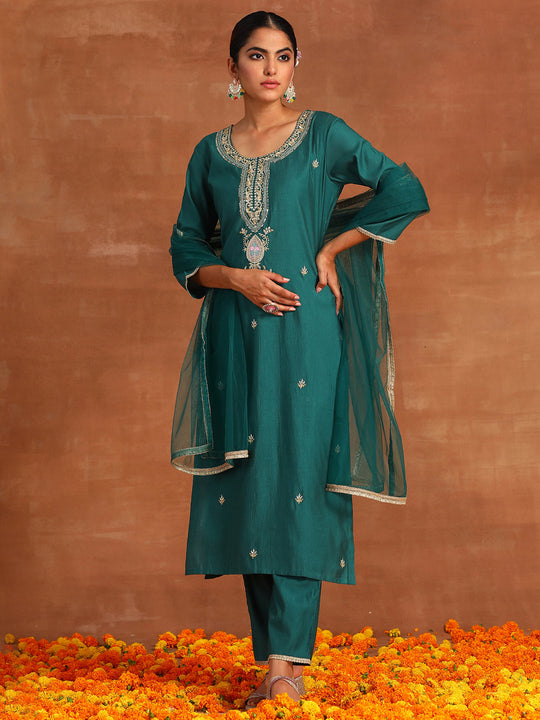 Indo Era Teal Embroidered Straight Kurta Trousers With Dupatta Set