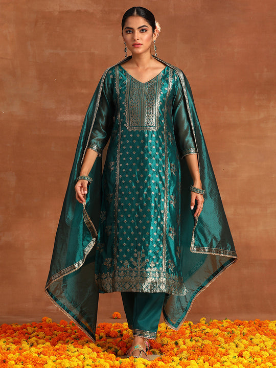 Indo Era Teal Woven Design Straight Kurta Trousers With Dupatta Set