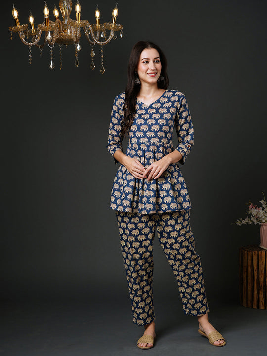 Indo Era Blue Printed Smart Casual Co-Ords Set