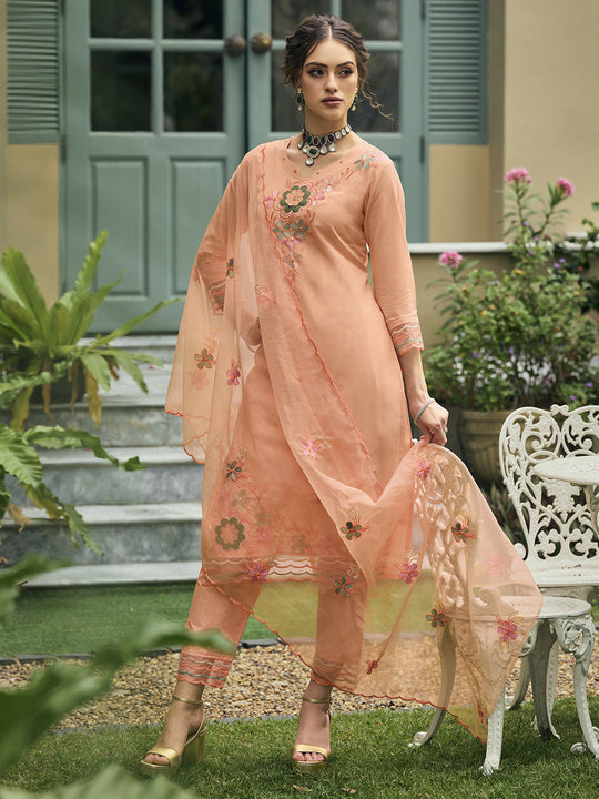 Indo Era Peach Embroidered Regular Kurta with Trousers & Dupatta