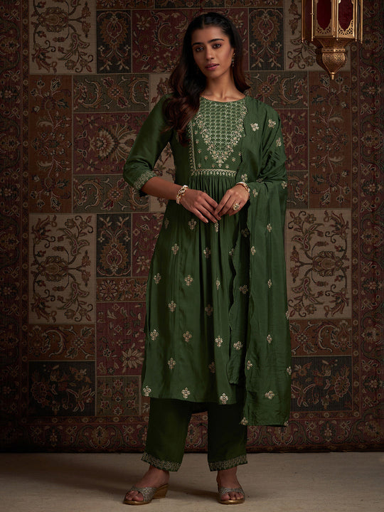 Indo Era Green Embroidered Straight Kurta Trousers With Dupatta Set