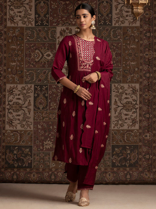 Indo Era Wine Embroidered Straight Kurta Trousers With Dupatta Set