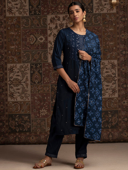 Indo Era Blue Embroidered Straight Kurta Trousers With Dupatta Set