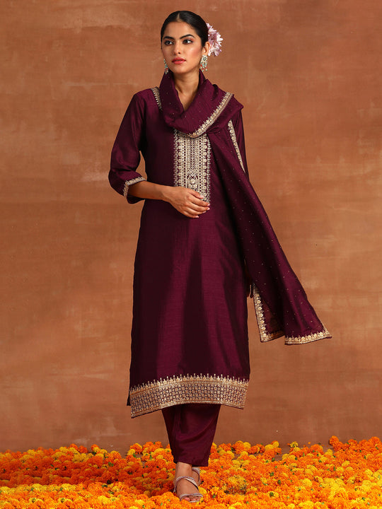 Indo Era Wine Embroidered Straight Kurta Trousers With Dupatta Set