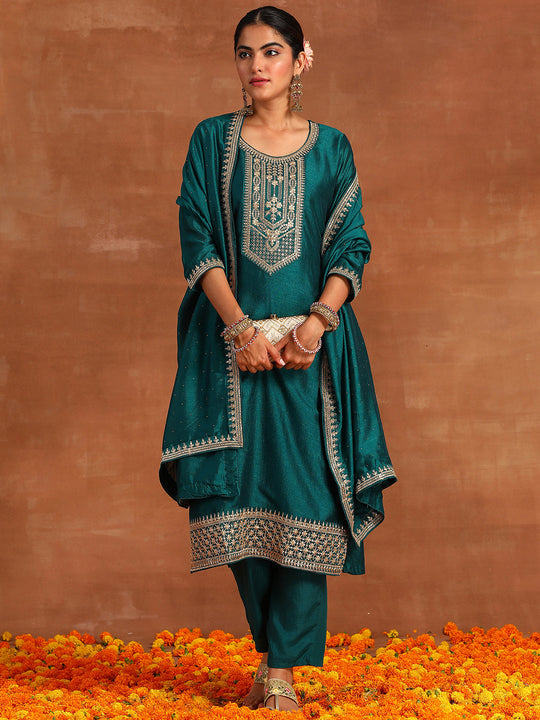 Indo Era Teal Embroidered Straight Kurta Trousers With Dupatta  Set