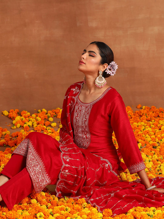 Indo Era Pink Embroidered Straight Kurta Trousers With Dupatta Set