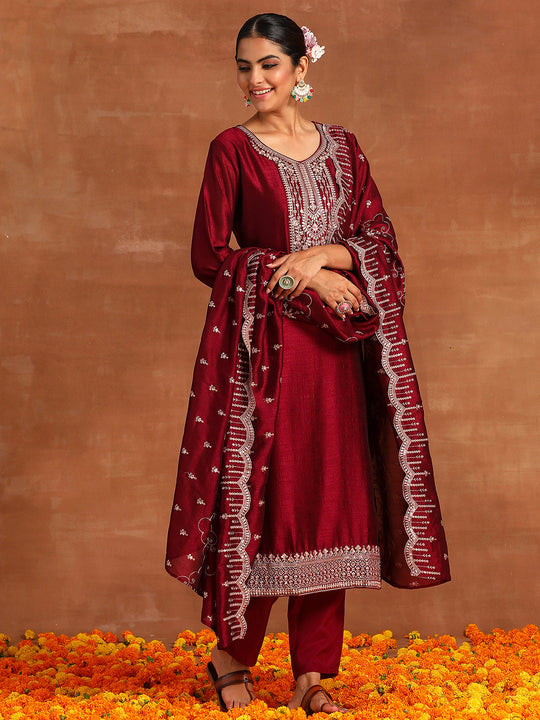 Indo Era Maroon Embroidered Straight Kurta Trousers With Dupatta Set