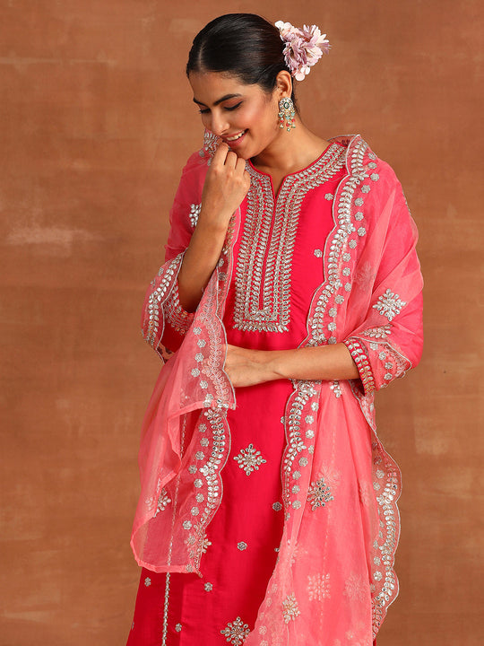 Indo Era Pink Embroidered Straight Kurta Trousers With Dupatta  Set