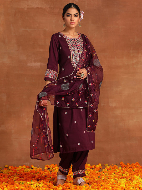Indo Era Wine Embroidered Straight Kurta Trousers With Dupatta Set