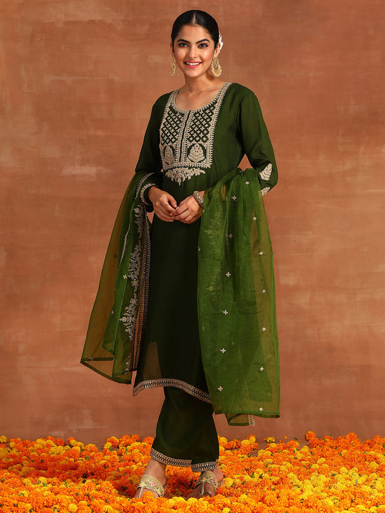 Indo Era Green Embroidered Straight Kurta Trousers With Dupatta Set
