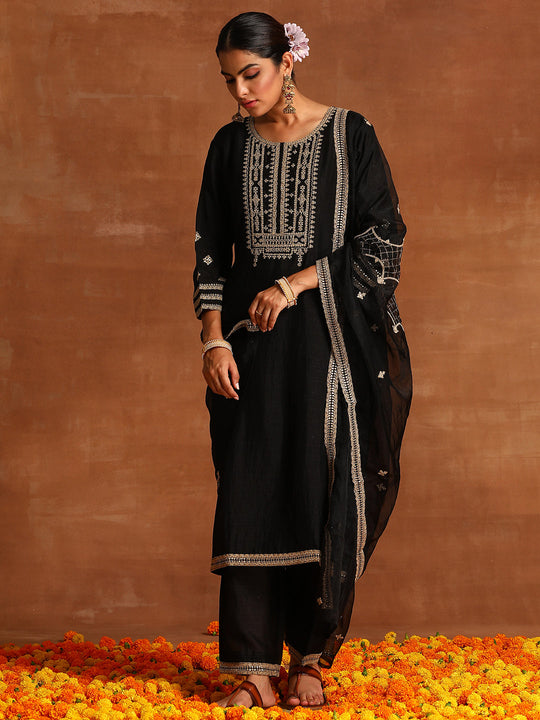 Indo Era Black Embroidered Straight Kurta Trousers With Dupatta Set