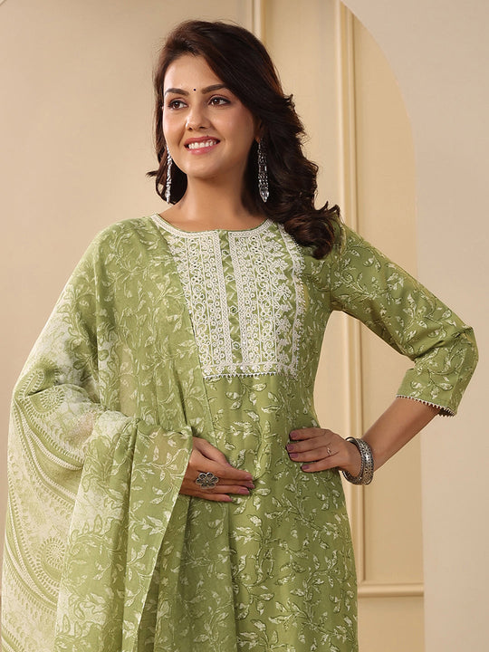 Indo Era Green Embroidered Straight Kurta Trousers With Dupatta Set