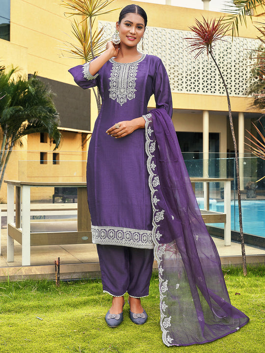 Indo Era Lavender Embroidered Straight Kurta Trousers With Dupatta Set