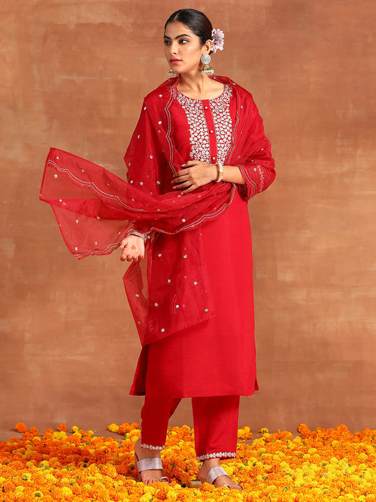 Indo Era Red Embroidered Straight Kurta Trousers With Dupatta Set