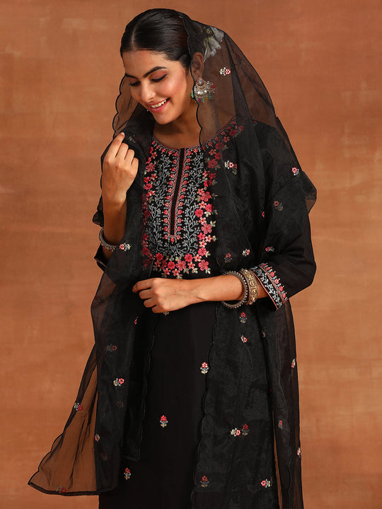 Indo Era Black Embroidered Straight Kurta Trousers With Dupatta Set