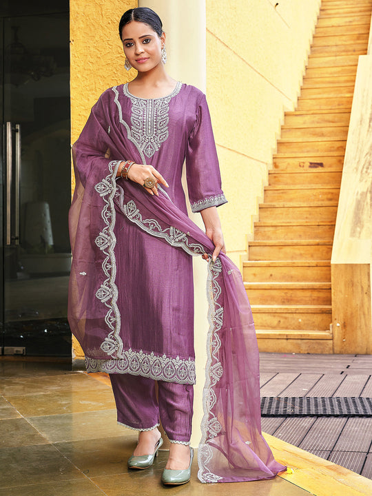 Indo Era Mauve Embroidered Straight Kurta Trousers With Dupatta Set