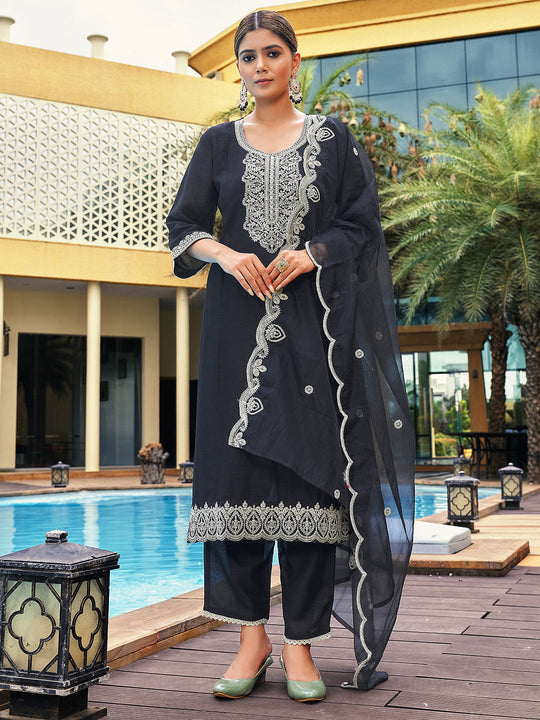 Indo Era Black Embroidered Straight Kurta Trousers With Dupatta Set