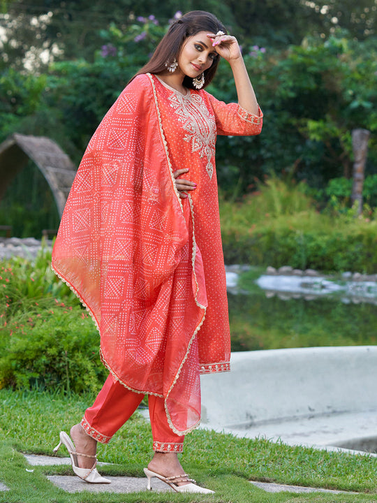 Indo Era Rust Embroidered Straight Kurta Trousers With Dupatta Set