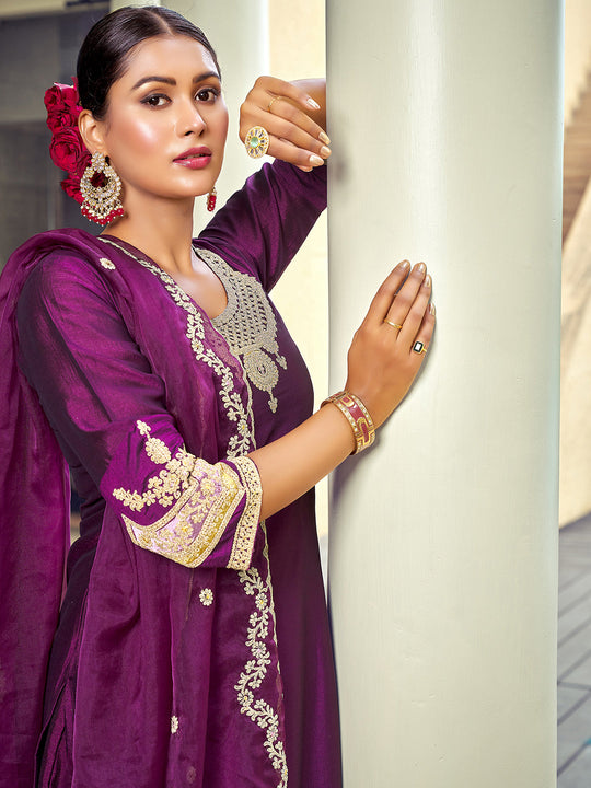 Indo Era Wine Embroidered Straight Kurta Trousers With Dupatta Set