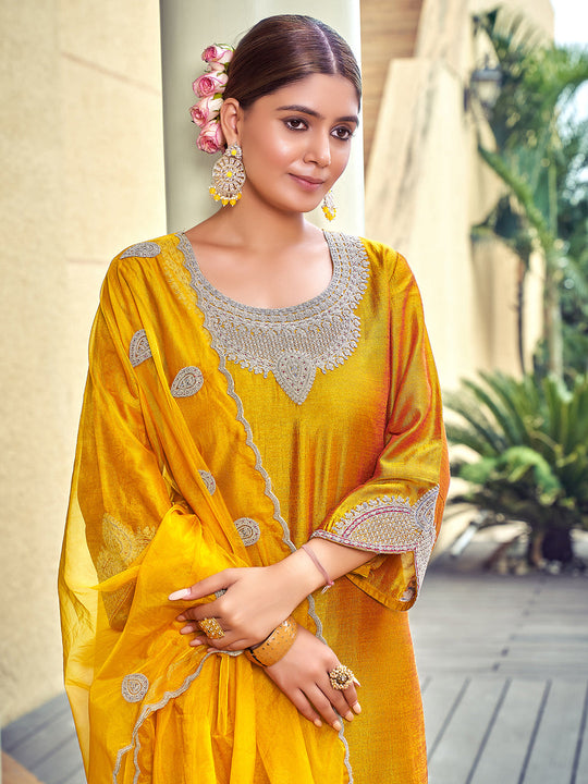 Indo Era Mustard Embroidered Straight Kurta Trousers With Dupatta Set