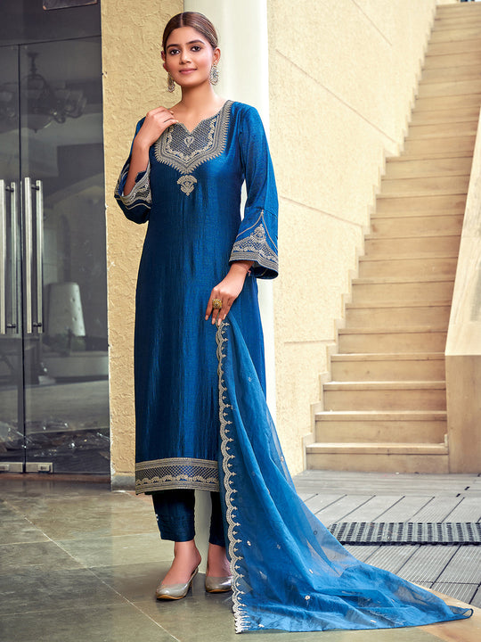 Indo Era Teal Embroidered Straight Kurta Trousers With Dupatta Set
