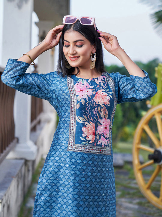 Indo Era Teal Printed Straight Kurta Trousers With Dupatta Set