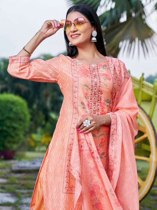 Indo Era Orange Embroidered Straight Kurta Trousers With Dupatta Set