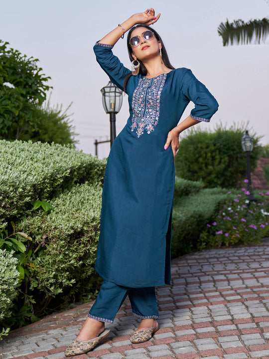 Indo Era Teal Embroidered Straight Kurta Trousers With Dupatta Set