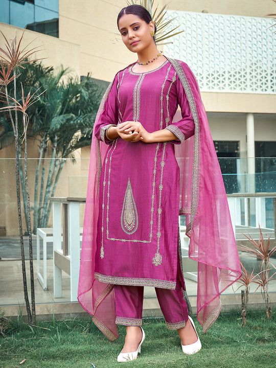 Indo Era Pink Embroidered Straight Kurta Trousers With Dupatta Set