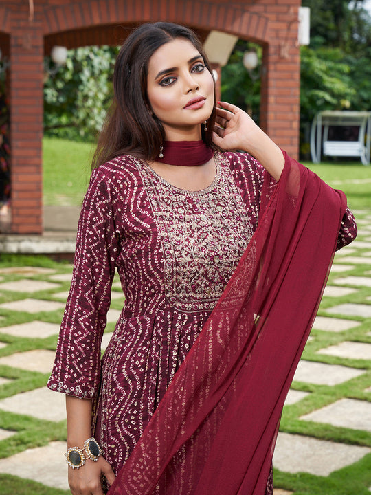 Indo Era Burgundy Embroidered A-Line Kurta Trousers With Dupatta Set