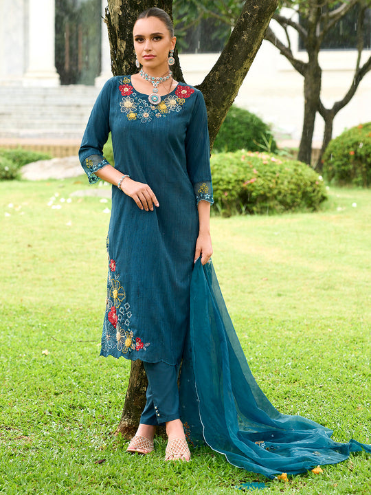 Indo Era Teal Embroidered Straight Kurta Trousers With Dupatta set