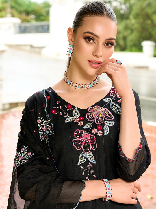 Indo Era Black Embroidered Straight Kurta Trousers With Dupatta set