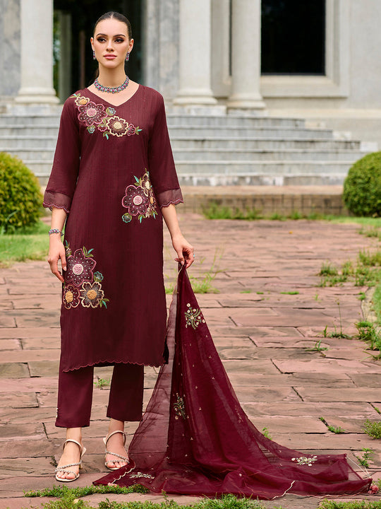 Indo Era Maroon Embroidered Straight Kurta Trousers With Dupatta set